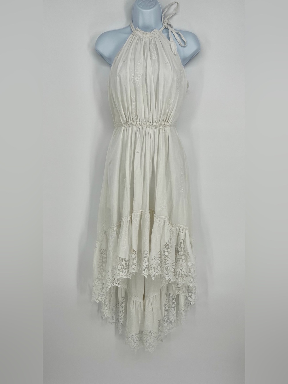 T Tahari White 100% Cotton Eyelet High Low Halter Dress Lace Hem Size 4